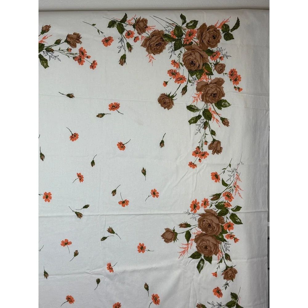 Vintage Floral Tablecloth Brown Roses Orange Flowers White Rectangular 52x66